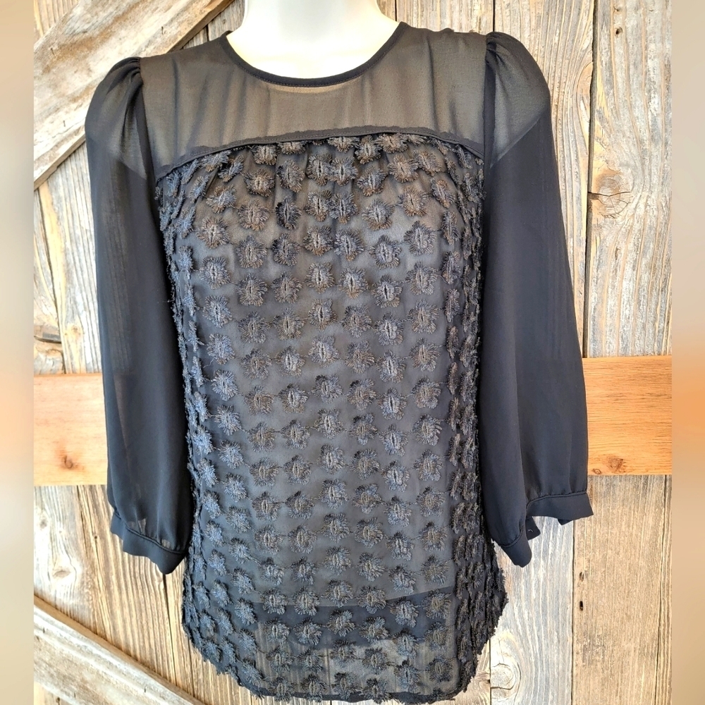 Madewell Semi Sheer 3d Floral victorian  Blouse black size XS EUC key hole back